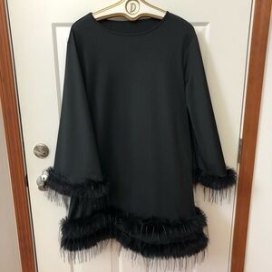 NWOT - Black Dress w/Marabou Trimmed Sleeves & Double Trimmed Bottom Hem
